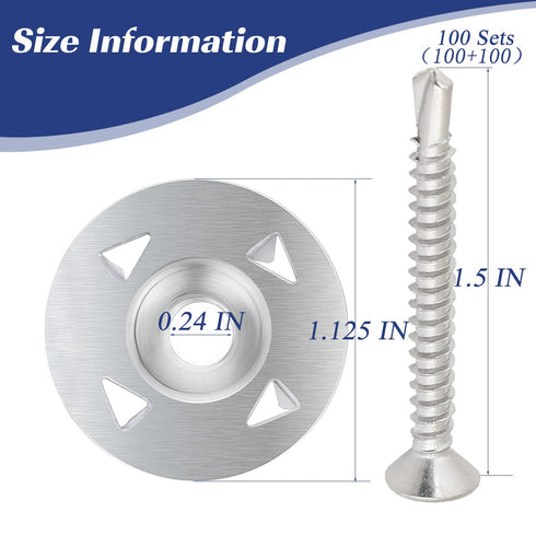 200Pcs Fastener Kit Board Hardware Set for Foam Board,100Pcs 1-1/8 Inch Galvanized Steel Washers for Installation and 100Pcs Stainless Steel Screw...