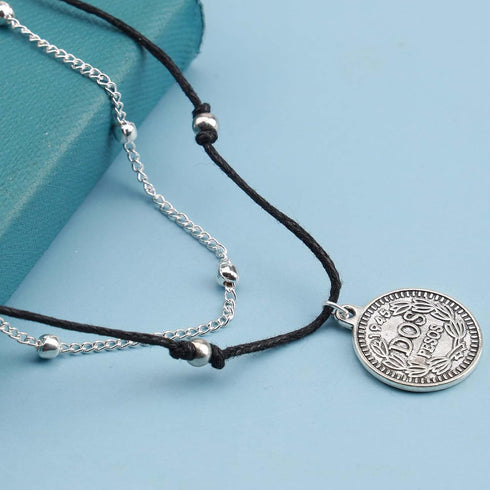Boho Layered Wax Rope Anklets Silver Coin Ankle Bracelet Vintage Coin Disc Pendant Anklet Bracelet Satellite Anklet Ball Beaded Foot Chain Jewelry...