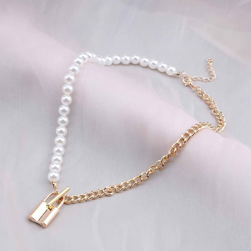 Punk Lock Pendant Necklace Big Pearl Choker Necklace Gold Curb Chain Necklace Vintage Toggle Necklace Choker Jewelry for Women and Girls...