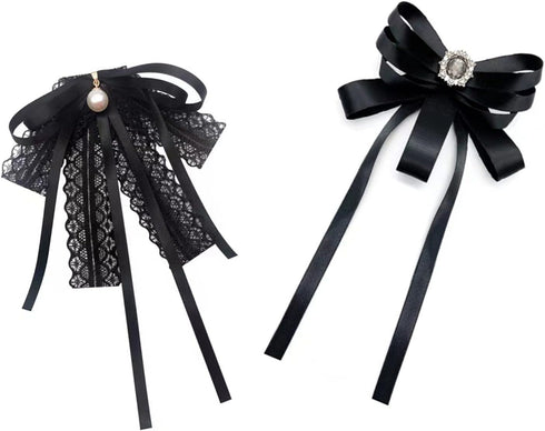 2 Pieces Black Necktie Bowtie Lace and Ribbon Brooch Pins for Women Rhinestone Crystal Bow Brooch(1pc Lace,1pc Ribbon)...