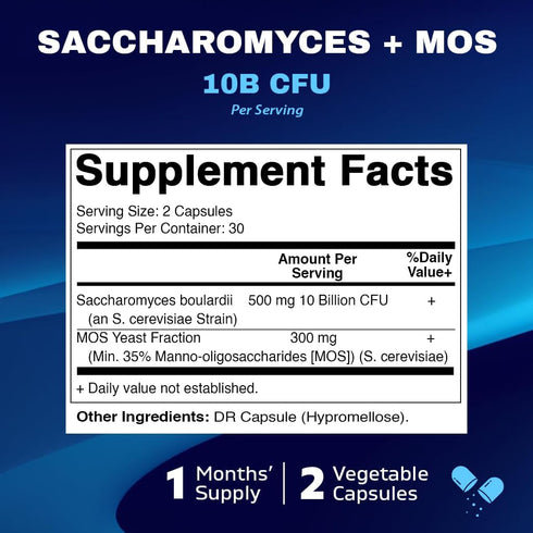 Vitamatic Saccharomyces Boulardii Probiotic 10B per Serving + Yeast Extract (MOS Yeast Fraction) 300 mg - 60 DR Capsules - Made in The USA...