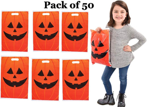 GiftExpress 50?Pack 11??×?17? Jack O ?Lantern Trick or Treat Goody Bags – Durable Plastic Halloween Party Favor Bags...
