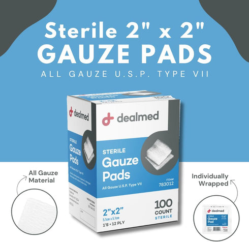 Dealmed 2’’ x 2’’ Sterile Gauze Pads (100 Count) Disposable and Individually Wrapped Medical Gauze Pads, Wound Care Product for First Aid Kit and ...