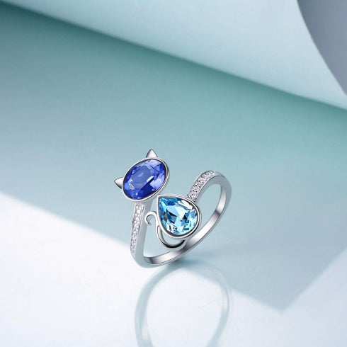 AOBOCO Sterling Silver Cat Ring, Blue Purple Crystals from Austria, Cute Pet Kitten Kitty Adjustable Open Ring, Cat Gifts for Lovers, Anniversary ...