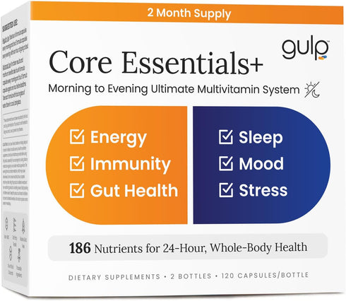 Gulp Core Essentials AM PM Multivitamin for Men & Women | Energy, Immunity, Stress & Sleep Support | Omega 3, Probiotics, Antioxidants & More | 60...