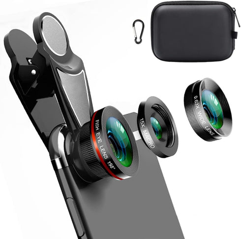 KINGMAS 3 in 1 Universal 198° Fish Eye Lens + 0.63X Wide-Angle Lens + 15X Macro Clip Camera Lens Kit for iPad iPhone Samsung Android and Most Smar...
