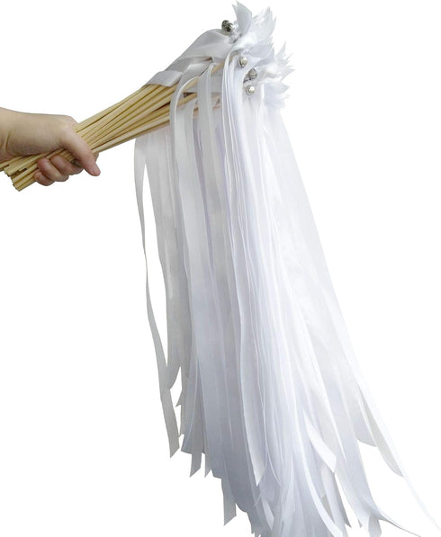 50PCS Ribbon Wands with Triple Ribbon and Silver Bell Party Wand Party Favors Streamers Ribbon Sticks Magic Fairy Wands for Wedding Decors...