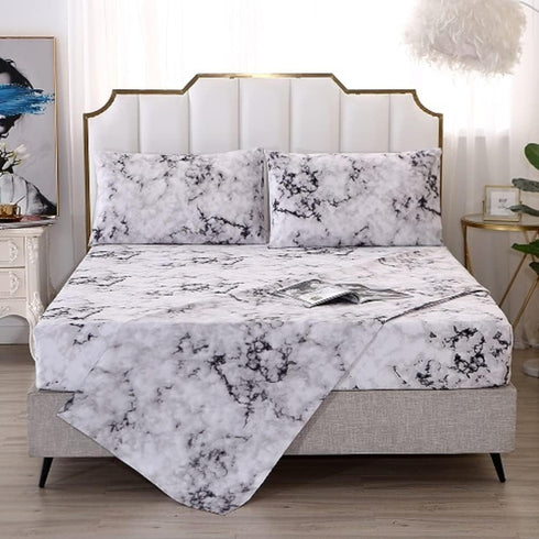 MAG Marble Bed Sheet,4PCS Black White and Gray Twin Size, Modern Pattern Printed Marble Bedding Sheet Set,with 1 Top Flat,1 Fitted Sheet and 2 Pil...