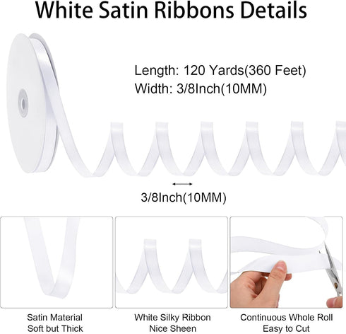 White Ribbon 120 Yards 3/8 Inch Thin White Satin Ribbon Polyester Fabric Ribbon for Gift Wrapping Flower Bouquet Bow Making Wedding Party Birthday...