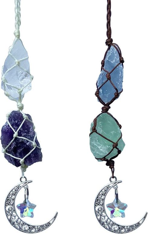 Handmade Crystal Window Car Hanging Ornaments Rear View Mirror Car Decor Raw Stone Healing Crystals Moon and Star Decorative Car Accessories (Cele...