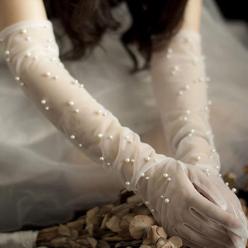 Pearl Women’s Wedding Gloves Long Tulle White Finger Lace 20s Opera Evening Party Sheer Gloves for Brides...