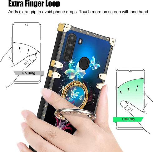 Case for Galaxy A21, Phone Case for Samsung A21 Girls Women Butterfly Black Fantasy Square Case with Ring Stand Lanyard Drop Protector Cover for S...