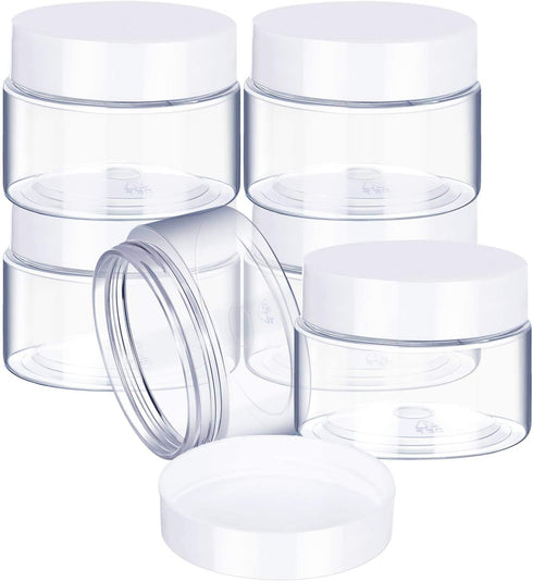 6 Pack 2 oz Plastic Pot Jars Round Clear Leak Proof Plastic Cosmetic Container Jars with White Lids for Travel Storage Make Up, Eye Shadow, Nails,...