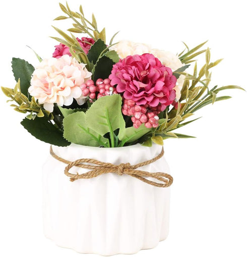 Artificial Hydrangea Bouquet with Small Ceramic Vase Fake Silk Variety Flower Balls Flowers Decoration for Table Home Party Office Wedding (Blue)...