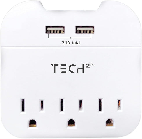 Tech2 3-Outlet Surge Protector Power Strip with 2 USB Charging Ports, ETL Certified Adapter for Home, School, or Office......
