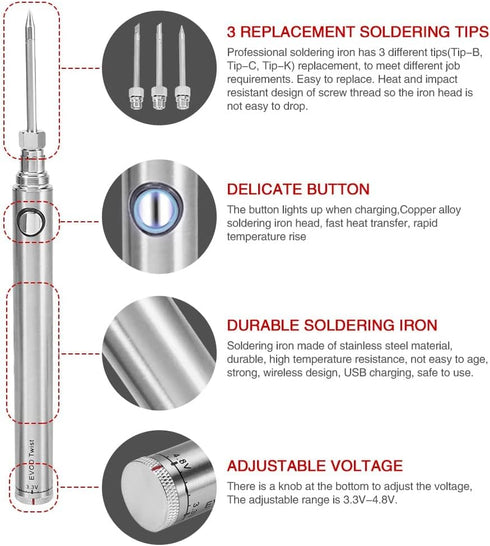 Digital Soldering Iron Tool Set, Rechargeable Cordless Solder Tool Adjustable Temperature, Welding Tool Kit with 3pcs Soldering Iron Tip, USB char...