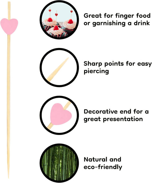 BambooMN 7.1 Inch Pink Heart Bamboo Food and Drink Pick Skewers for Catered Events, Holiday's, Restaurants or Buffets Party Supplies, 100 Pieces...