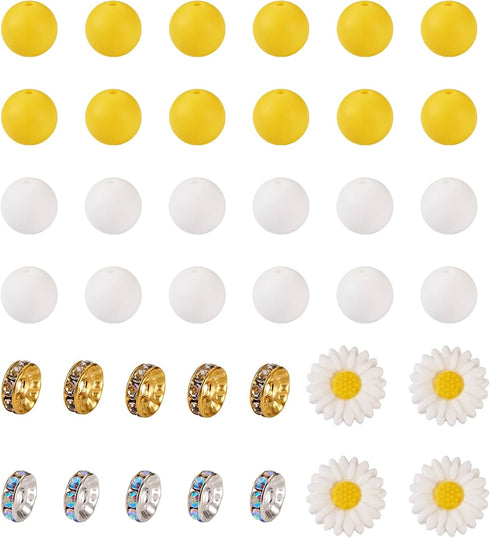 Craftdady Daisy Flower Silicone Focal Beads Kit 30Pcs 15mm Round Beads Yellow White Glass Rhinestone Spacer Beads for Spring Crafts DIY Beadable P...