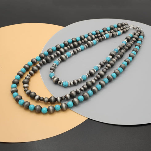 Western Metallic Navajo Pearl Choker Necklace For Women Cowgirls Multi Layer Pearls Turquoise Beaded Boho Chic Statement Necklace Southwestern...