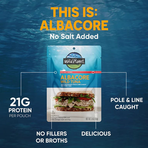 Wild Planet Wild Albacore Tuna, No Salt Added, Sustainably Wild-Caught, Kosher, Gluten Free, Keto and Paleo, 3rd Party Mercury Tested, 3 Ounce Pou...