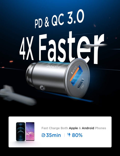 USB C Car Charger Super Mini AINOPE All Metal 54W Fast USB Car Charger PD&QC 3.0 Dual Port Car Adapter Compatible with iPhone 15 Pro Max/Mini iPho...