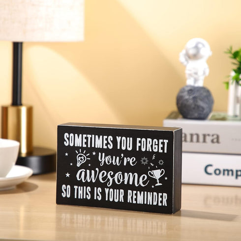 Inspirational Wooden Box Sign, Sometimes You Forget You're Awesome Sign, Farmhouse Rustic Black Wood Block Plaque with Positive Sayings, Desk Deco...