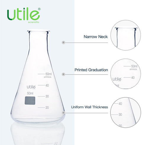 Utile Glass Erlenmeyer Flask Set, 50ml Narrow Mouth Erlenmeyer Flasks, 6pcs of Borosilicate 3.3 Glass Conical Flasks for Laboratory with Printed G...