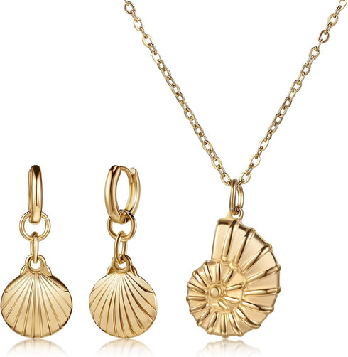 Cunno Mermaid Jewelry Set for Women Mermaid Gold Shell Necklace and Gold Seashell Earrings Dangle Drop for Halloween Costume Sea Witch Mermaid Pen...