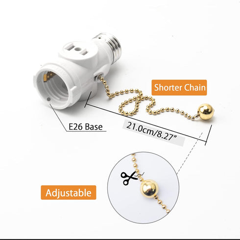 DiCUNO E26 Light Socket to Plug Adapter, 2 Polarized Outlet Bulb Splitter, UL Listed, Gold Pull Chain Switch Control Light Bulb, Standard (Medium)...
