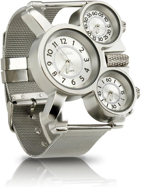 OCT17 Men's Military Quartz Analog Wrist Watch Stainless-steel Metal Mesh Clock Strap Durable Sub Dials Multi Time Zone Chronograph for Man Oversi...