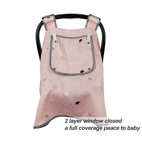 ICOPUCA Car seat Covers for Babies, Muslin carseat Cover Girls, carseat Canopy with Window, Light Weight, fit Summer/Autumn/Spring, Pink Crown, Pe...