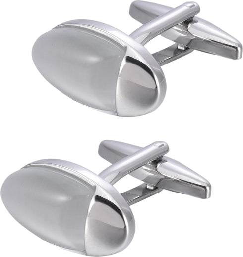 Silver Tone Cat Eye Stone Men's Cufflinks In Gift Case Oval Opal Stone Cufflinks for Men for Wedding Party Business Birthday Anniversary Dress...