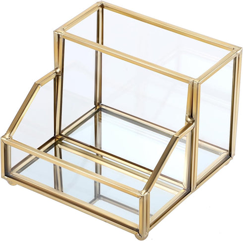 Hipiwe Glass Business Card Holder Stand with Pen/Pencil Organizer Gold Business Name Cards Display Holder for Home Office Desktop Countertop, 2 Sl...