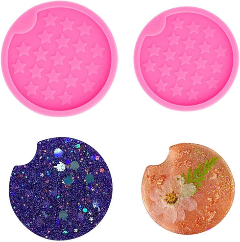 2PCS Car Coaster Molds Diameter 2.5/2.8 inches Round Coaster Silicone Mold Star Pattern Super Glossy Resin Silicone Mold DIY Epoxy Mould Polymer C...