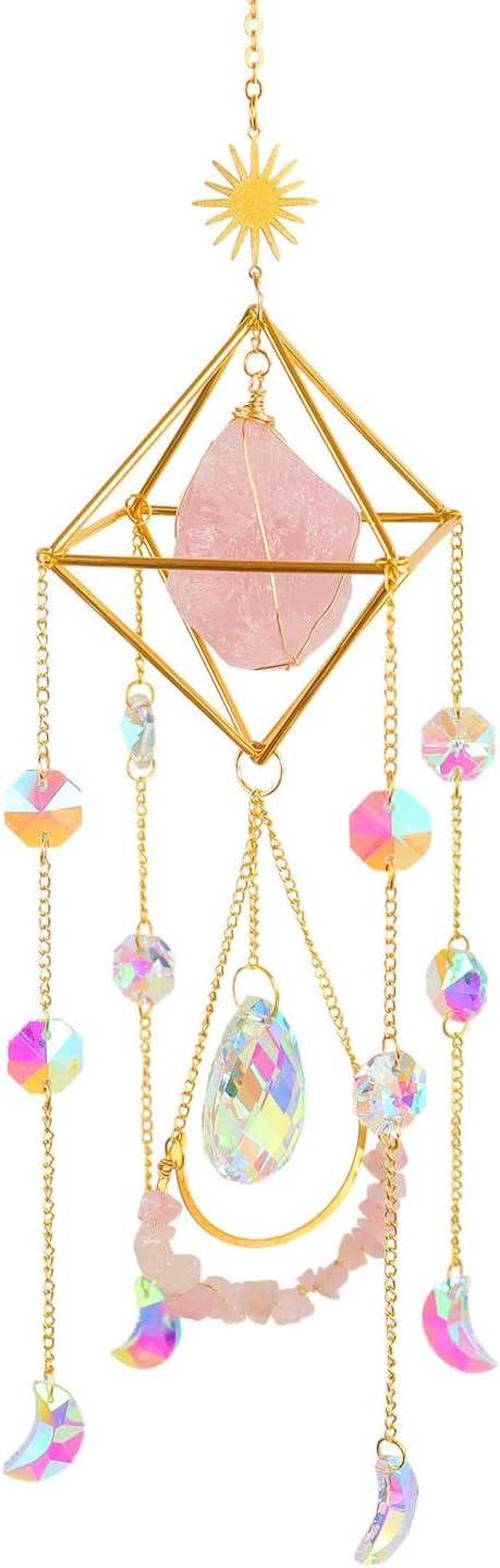 Crystal Suncatcher Rose Quartz, Spiritual, Sun Catcher Hanging for Windows, Rainbow Maker, Crystal Indoor Garden Home Decor, Natural Gemstone Boho...