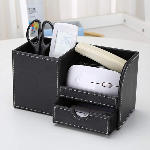 KINGFOM Desk Organizer Office Supplies Caddy Pu Leather Multi-function Storage Box Pen/Pencil,Cell phone, Business Name Cards Remote Control Holde...