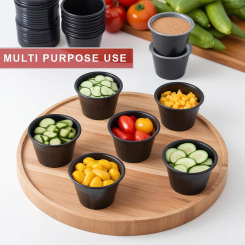 50 Pack 4oz Portion Cups plastic containers disposable small tiny dipping shot Black food serving sauce 4 ounce oz mini bowls individual dessert j...