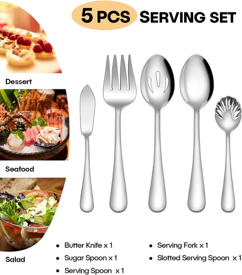 EUIRIO 5 PCS Serving Utensils Set, Stainless Steel Large Hostess Serving Set, Include Serving Spoon, Slotted Spoon, Serving Fork, Sugar Spoon and ...