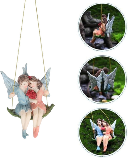 Couple Flower Fairy Garden Pendant, Fairy Girl and Boy Sitting on Swing Sculpture, Exquisite DIY Couple Flower Fairy Garden Pendant, Garden Hangin...