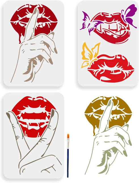 3pcs Lips Butterfly Fingers Stencils 11.7×8.3inch Large Kiss Lips DIY Stencil with Paint Brush Reusable Red Lip Lipstick Mouth Template for Wood C...