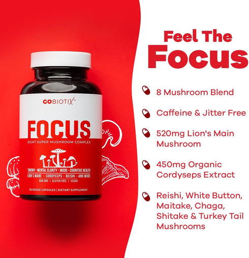 GOBIOTIX Focus Mushroom Supplement Complex - Nootropic Adaptogen Brain Booster Pills for Memory, Clarity, Energy, Immune Support, Lions Mane, Cord...