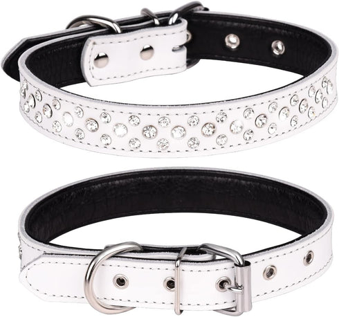 Rhinestones Dog Collar, Adjustable Sparkly Crystal Studded Genuine Leather Pet Dog Collar for Small and Medium Dogs (L, White)...