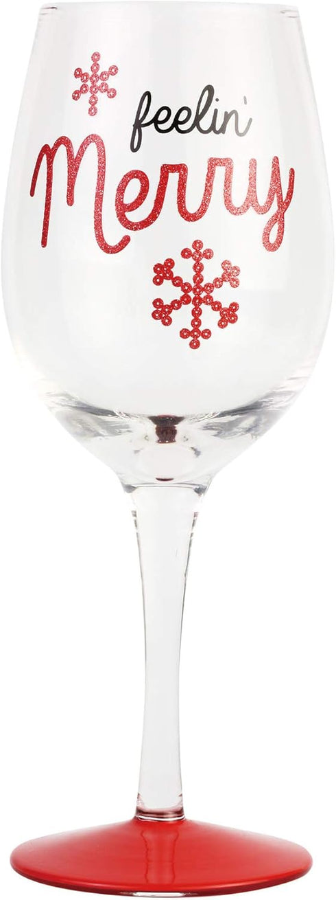 Enesco Our Name is Mud Holiday Feelin' Merry Glitter Wine Glass, 15 Ounce, Multicolor...