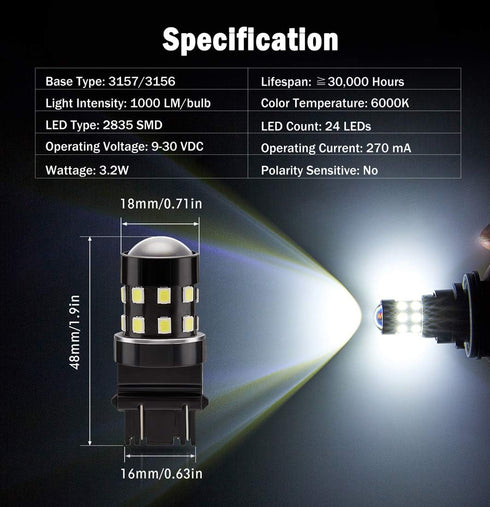 4-Pack Super Bright 3157 3156 3057 3056 3157K LED Bulbs 6000K Xenon White 24-SMD LED Chipsets with Projector for Backup Reverse Lights, Parking Li...