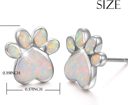 Ladytree S925 Sterling Silver Jewelry Puppy Dog Cat Pet Paw Print White Simulated Opal Stud Earrings...