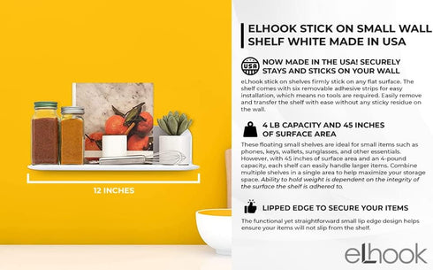 Made in USA White Stick-On Removable Adhesive Floating Wall Shelf Durable Textured ABS Injection Molded Plastic with Lipped Edges | Designed for S...