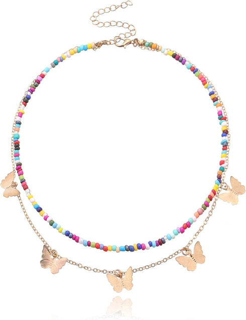 Boho Rainbow Beaded Necklace Layered Neck Chain Multi Color Bead Choker Necklaces Shell Star Butterfly Collar Jewelry Colorful Flower Chain Beach ...