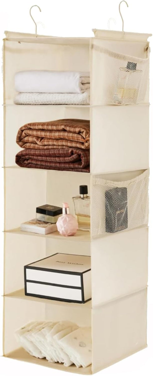MAX Houser 5 Shelf Hanging Closet Organizer, Space Saver, Cloth Hanging Shelves with 4 Side Pockets, Foldable, Beige...