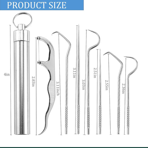 Dental Teeth Pick 7 Pack Stainless Steel Toothpick Kit Dental Tools Tooth Stains Remover Dental Floss Ficks Teeth Cleaning Tools with Holder for f...