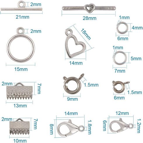 Pandahall 1 Box Jewelry Making Finding Kits with Lobster Clasps/Spring Clasps/Toggle Clasps/Ribbon Ends/Jump Rings (Platinum)...